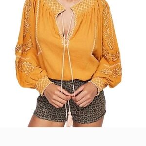 Free People Mustard Embroidered Blouse